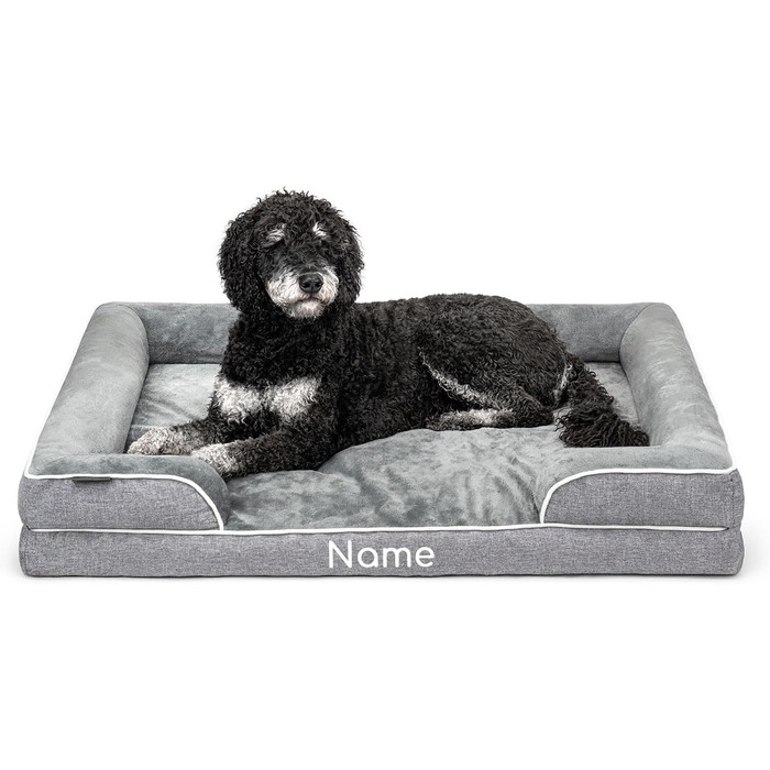 Ортопедичне ліжко для собак Lionto з піднятим бортиком, 89x63x17 см, міцне лежання з м'якого фланелі, знімний та пральний чохол, неслизьке, для маленьких та великих собак та котів, сіре (з нанесенням імені)