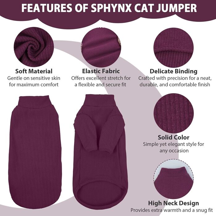 Теплий жилет для безшерстних котів з коміром-гетром, дихаючий, милий одяг для кошенят, теплий костюм для Sphynx, Cornish Rex, Devon Rex, Peterbald (XS, фіолетовий)