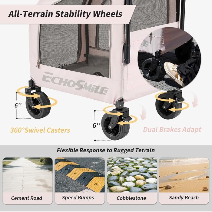 Візок для собак EchoSmile для маленьких та середніх собак до 20 кг, позашляховий, складний, з подвійним гальмом, ремені безпеки та сітчасті вікна (Рожевий)