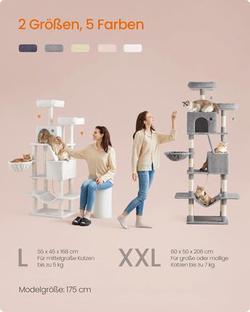 Когтеточка для котів Feandrea, 168 см, велика, з 13 когтеточковими стовпами, 2 платформами, 2 будиночками, гамаком, м'ячиками, PCT165W01, пастельно-рожевий