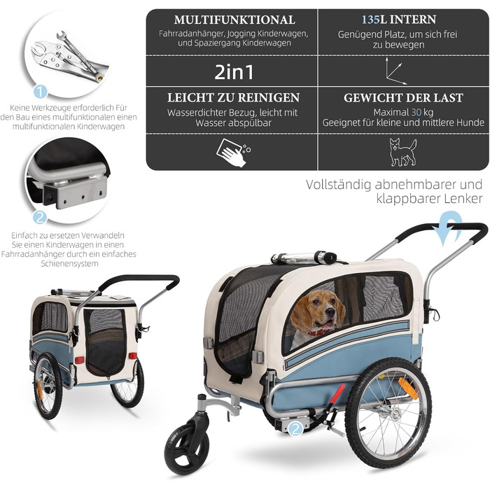Причеп-перевозник для собак 2-в-1 на велосипед та візок – для собак до 30 кг, складаний, з гальмами, сигнальним прапорцем, для активного відпочинку та дому, легкий у встановленні (Блакитний)