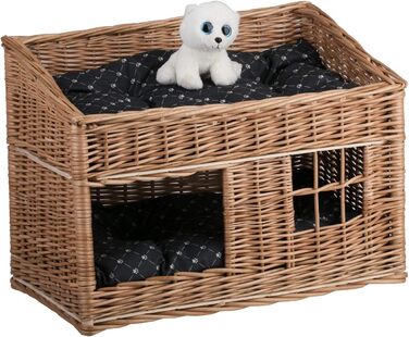 Кішка Будиночок з ротангу прямокутний, двоярусний, з подушкою та вікном (натуральний, чорний)