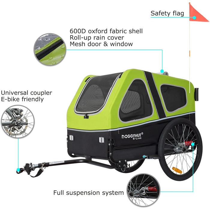 Doggyhut S-Line XL: велосипедно-колясочний візок для собак до 45 кг (зелений/чорний)