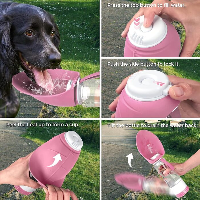 Водяна пляшка для собак Uppetly з мискою, вилка-дозатор, витокозахисна, BPA-free, для прогулянок, рожева (590 г)