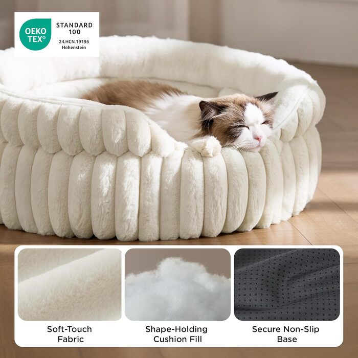 Затишне ліжко для котів BEDSURE 51x51 см - кругле, м'яке, знімний килимок, нековзна основа, біле ліжко для кошенят та цуценят
