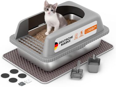 Квітковий горщик TENE® Edelstahl XXL з нержавіючої сталі для котів, вологостійкий, з приглушенням запаху, з лопаткою та килимком-вулишком, 60 x 40 x 28 см
