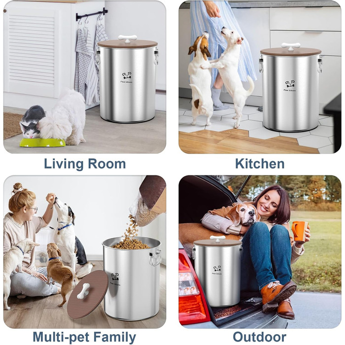 Контейнер для корму для собак та котів з нержавіючої сталі, 25 кг, з дерев'яним кришкою та ручкою з кераміки, великий, для зберігання, легко миється