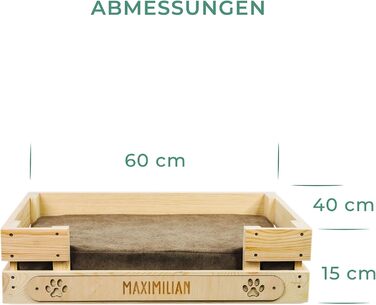Персоналізоване ліжко для котів LAUBLUST з іменем - гравіювання лапок та імені - котяче ліжко/софа для великих та маленьких котів | Ліжко-лежанка з дерева з подушкою | приблизно 60x40x15см, коричневе з коричневою подушкою