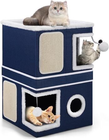 Кітчине гніздо Shikha, великий будиночок для котів, 3-ярусний куб для котів з дряпалкою та іграшкою, 61x45x32 см, блакитний