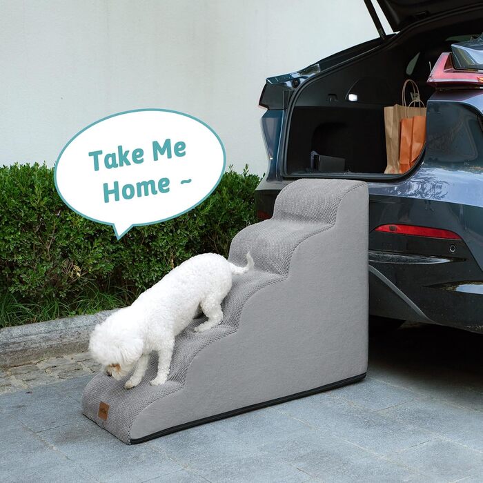 Сходинки для собак маленьких порід 57 см, 5 сходинок, сірого кольору. Зручні та безпечні для підйому на ліжко або диван. Матеріал: високощільний губчастий наповнювач, миючий чохол, неслизьке дно. Розміри: 40x84x57 см