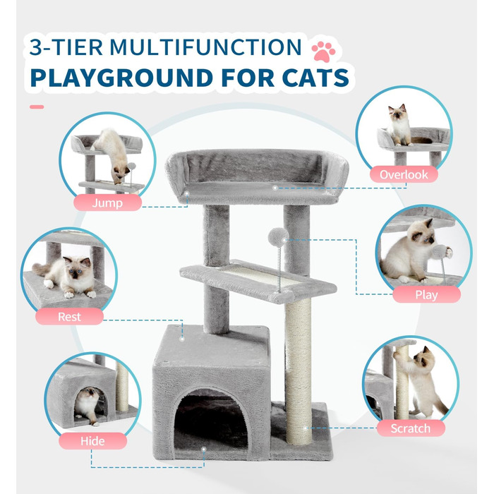 Котячий будиночок Made4Pets, килимовий когтеточка, сірий, багаторівневий дерев'яний комплекс для котів, 73,7 см, сучасний ігровий меблевий комплекс для маленьких та середніх домашніх котів
