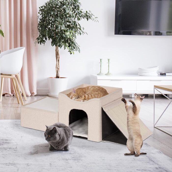 Будиночок для котів Relaxdays, складаний, 3 спальні місця, з поверхнею для дряпання, 36,5x112x41 см, бежевий