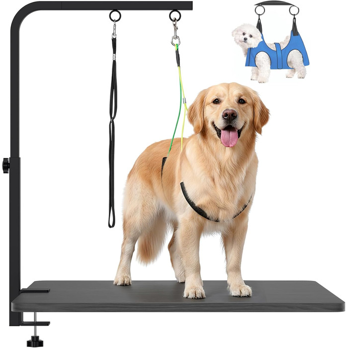 Підтримка для грумінгу собак, регульована, для маленьких та середніх порід, з кліпсою, петля для грумінгу, без підтримки спини та стегна (чорний, 111,8 см, арка + міцна кліпса + гамак)