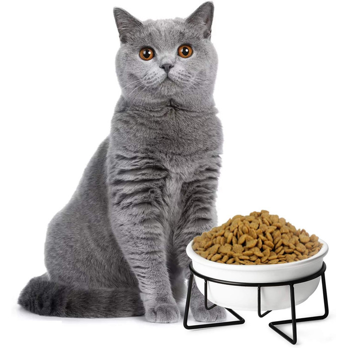 КерамІчна годівниця для котів з металевим підставкою, 340 мл, біла