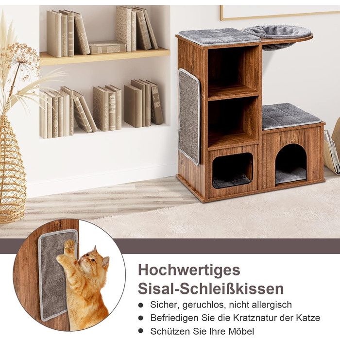 Котячий будиночок GYMAX з когтеточкою 81 см: дерев'яні меблі для котів з когтеточкою, лежаками, гамаком та 2 печерами, до 20 кг