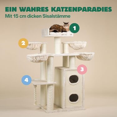 Дерево для великих котів RHRQuality Cat Paradise Plus з когтеточкою, люкс ложе, стовпи Ø15 см, кремове