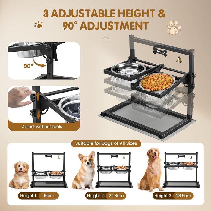 Підвищена годівниця для собак Sunowl, регульована по висоті та куту нахилу, 0-90°, 2 миски з нержавіючої сталі, повільне годування, не проливається, з килимком