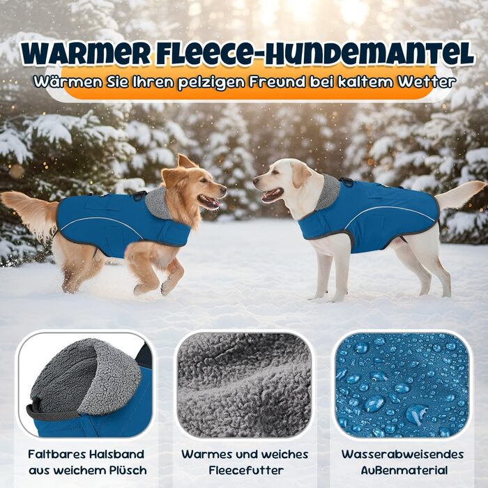 Тепла куртка для собак на зиму Nasjac: водонепроникна, з флісовою підкладкою та світловідбиваючими смугами, для середніх та великих собак (Темно-синій, L)