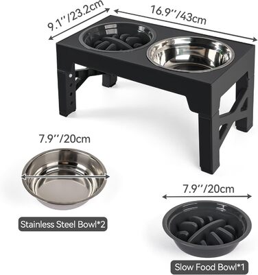 Підвищений годівниця для собак PAWISE, 5 рівнів регулювання, для собак маленьких, середніх та великих порід, з двома великими мисками з нержавіючої сталі, антиковзаюча, BPA free пластик