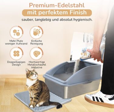 LINUMA® Туалет для котів з нержавіючої сталі з кришкою, антибактеріальний, зі шторівкою, килимок, двошарова металева лопатка, легко мити