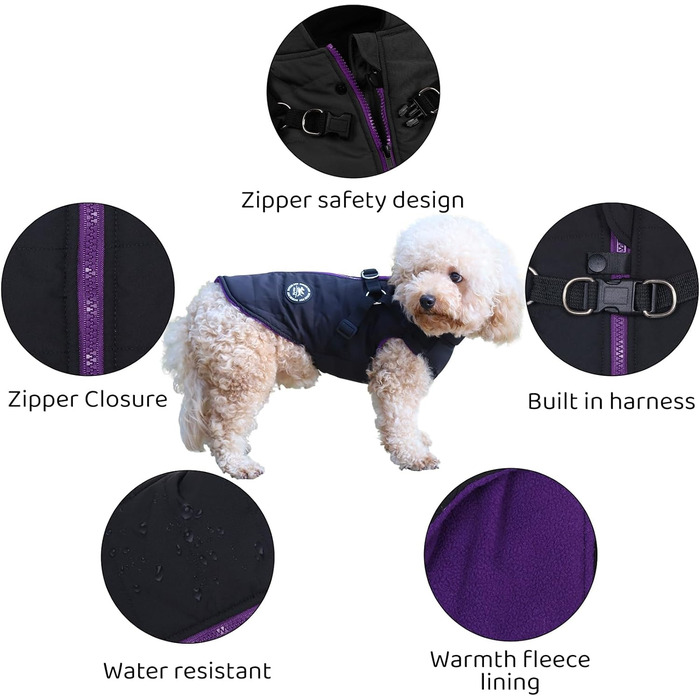Тепла куртка для собак Norbi, жилет-шлейка для маленьких собак, теплий зимовий костюм 2 в 1, куртка для холодної погоди (M, чорний)