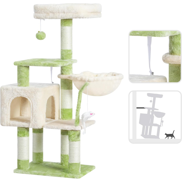 Комплекс для котів Heybly Kratzbaum HCT004SW: Дряпка-будиночок з іграшками, лежаком та сизалевими стовпчиками (43.3 см, зелено-бежевий)