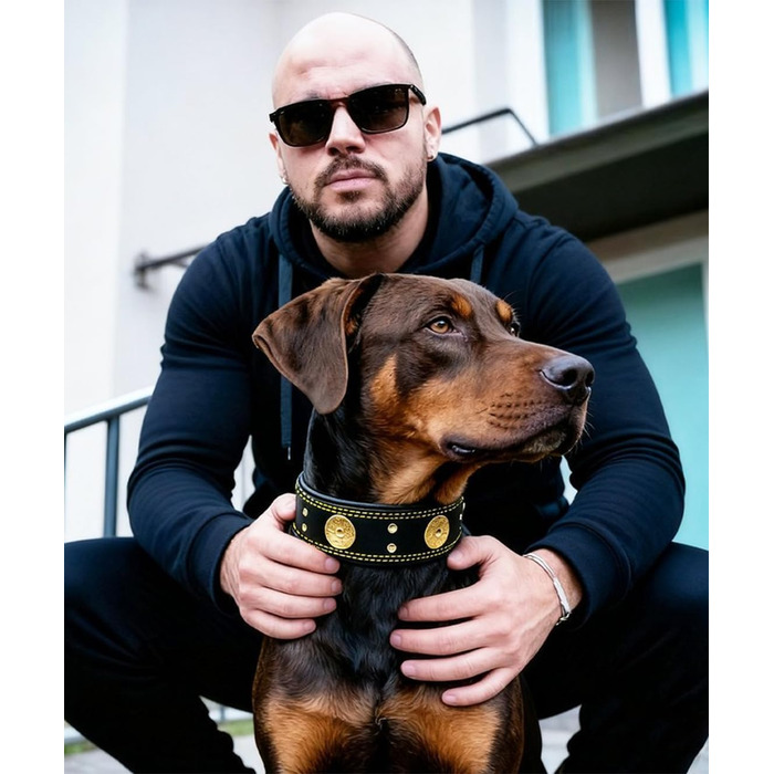 Шкіряний нашийник для собак, 5 см, ручної роботи, преміум-якість, для великих та середніх порід, золото-чорний, розмір M (46.5-57.5 см)