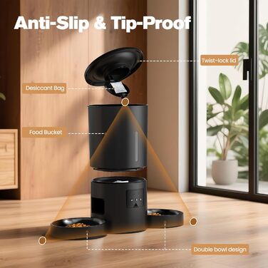 Автоматичний годівниця для котів AONBOY з двома мисками та Wi-Fi: 5L, таймер, для сухого корму, чорна