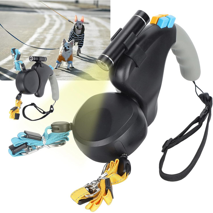 Подвійна собача шлейка, висувна шлейка з LED-підсвічуванням для двох собак, з фіксатором, регульована шлейка для домашніх тварин з двома головами, 9,8 футів, поворот на 360° без перекручування (Чорний)