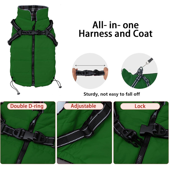 Зимові куртки для собак, шлейки, водонепроникна куртка з флісовою підкладкою, відображаюча, персоналізована, оранжевий, XL (довжина спини 44 см), XXL (довжина спини 52 см), зелений