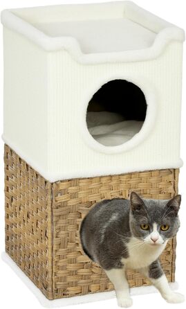 Котячий будиночок PawHut 75,5 см: триповерхова когтеточка з плюшевим облямівкою, подушкою та печереєю для котів середнього розміру, кремово-білий