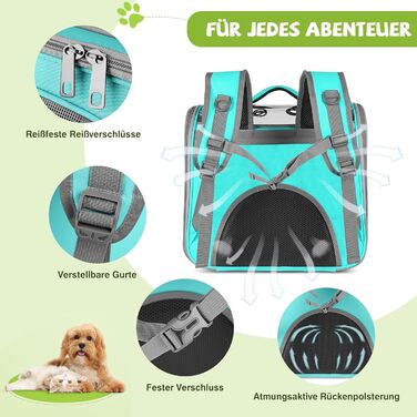 Рюкзак для котів та маленьких собак ALLSOPETS, дихаючий, з фронтальною відкриванням та страхувальним ремінцем, для подорожей, походів та прогулянок (М'ятно-зелений)