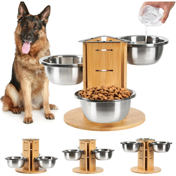 Підвищений годівниця для великих собак, регульована висота, 3 миски з нержавіючої сталі 1400 мл, годівниця-станція на 3 сторони, підставка для собак з дерева та срібла