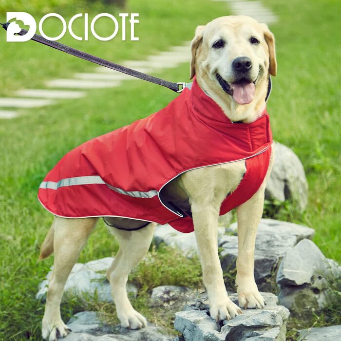 Водонепроникний собачий дощовик/куртка з отвором для коміра, на липучках, з флісовою підкладкою, світловідбиваючий зимовий дощовик для середніх та великих собак, 4XL (4XL (1 шт), Червоний)