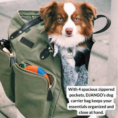 Сумка-переноска для собак DJANGO - велика, оливковий, waxed canvas та шкіра. Безпечний поводок-кріплення та кишені на блискавці