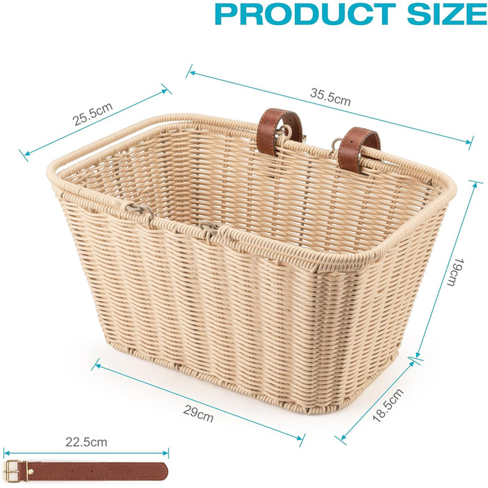Фарбований велосипедний кошик CXWXC – міцний передній кошик з ручної плетіння з лози з регульованими ремінцями з веганської шкіри, бежевий