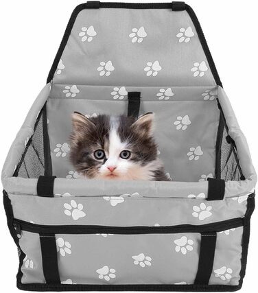 Переноска для тварин з принтом лапок, складана переноска для собак з тканини, миється, з ременями безпеки та підпоркою - Комфортна та безпечна для авто та подорожей (сіра підпорка з принтом лапок)