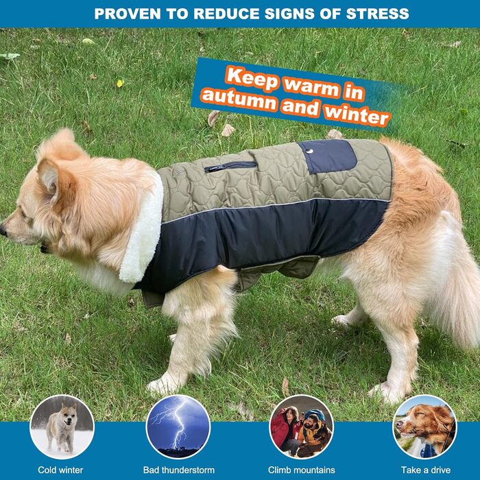 PETCUTE Зимовий теплий куртка для собак з відбиваючими елементами, регульований, з отвором для повідка, для маленьких, середніх та великих собак (S, Зелений)