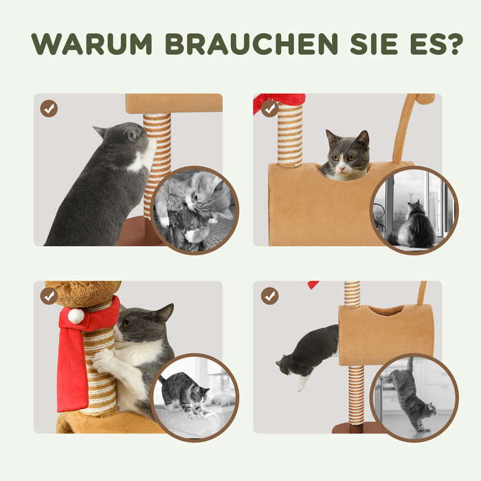 PawHut Cat Tree 98 см Котяча вежа в дизайні оленя, з печерою, ігровим м'ячем, джутовими стовбурами, кігтеточкою для кішок, лазить по дереву, для середніх кішок, коричневий | Аосом