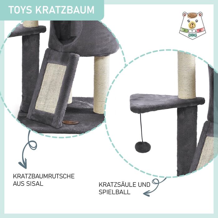 Дряпак для котів PATAM з сизалю, котяча печера та пандус, посилена основа, легка збірка – висота 83,5 см, іграшки Бежевий (Темно-сірий)