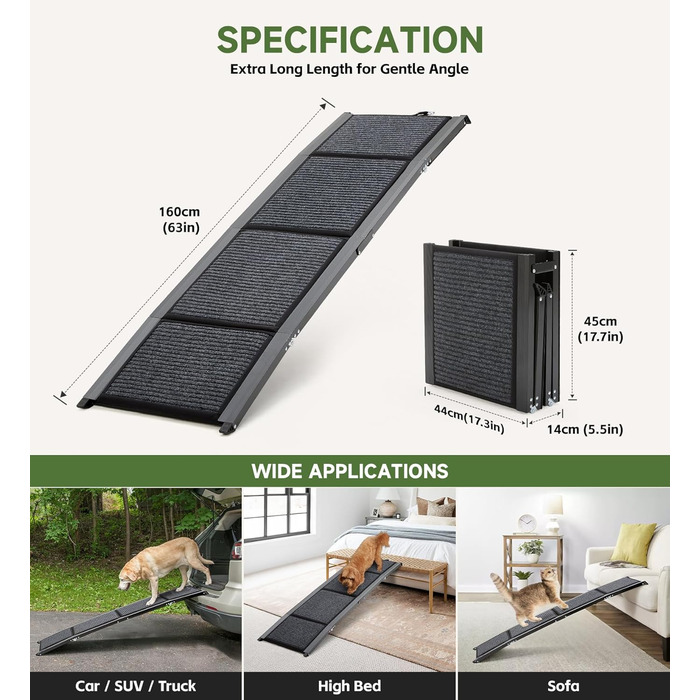 Рампа для собак, 170 см, складана, з антиковзким покриттям, для собак середніх та великих порід (до 113.4 кг), легка та портативна, 160x44 см