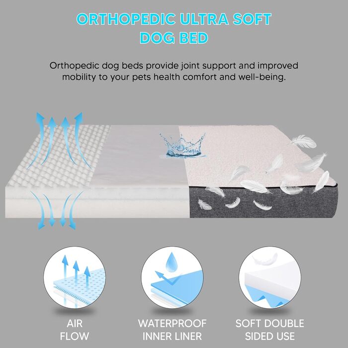 Ортопедичне ліжко для собак середніх порід, вологостійке, з ультрам'якою піною, знімний, пральний чохол та антиковзаюча підкладка, білий та сірий, розмір Medium (31.4'L x 23.6'W x 3.1'Th)