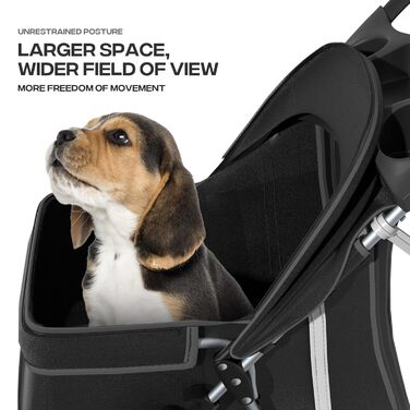 Візок для тварин: для собак та котів, 3 колеса, складаний, з кошиком та тримачем для напоїв, карбоновий чорний