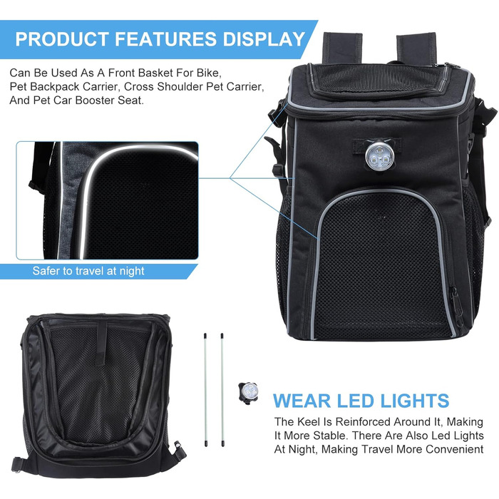 PETCUTE Фарбований кошик для собак і котів на велосипед, чорний, з світловідбиваючими смугами та світлом