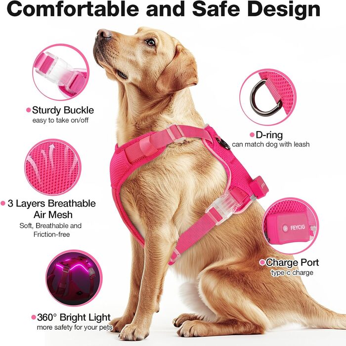 Світловідбиваючий нашийник для собак великих порід Feycig з LED підсвічуванням, акумуляторний, регульований, 3 режими світла, висока видимість (Рожевий, Medium)