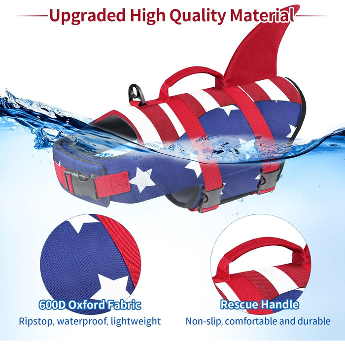 Жилет для плавання собак Malier, Ripstop, американський прапор, для собак малих, середніх та великих порід, для плавання, катання на човнах, блакитний та червоний