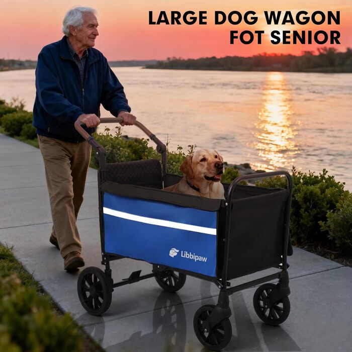 Універсальна візок для собак на великих колесах, 2-в-1 візок для дітей та собак з антиковзною рампою та поворотним ручками, складний візок для великих собак, літніх людей та травмованих тварин, для відвідування ветеринара, блакитний