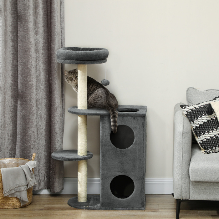PawHut Cat Tree 111 см Cat Tree з котячою печерою, ліжко, ігровий м'яч, кігтеточка для кішки з сизалем Кігтеточки, для котів до 5 кг, сіра | Аосом