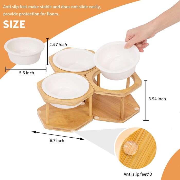 Набір з 3 керамічних мисок для котів на підставці з бамбука, підняті миски для котів, антиковзні ніжки, годівниця для котів, миски для котів (кераміка)