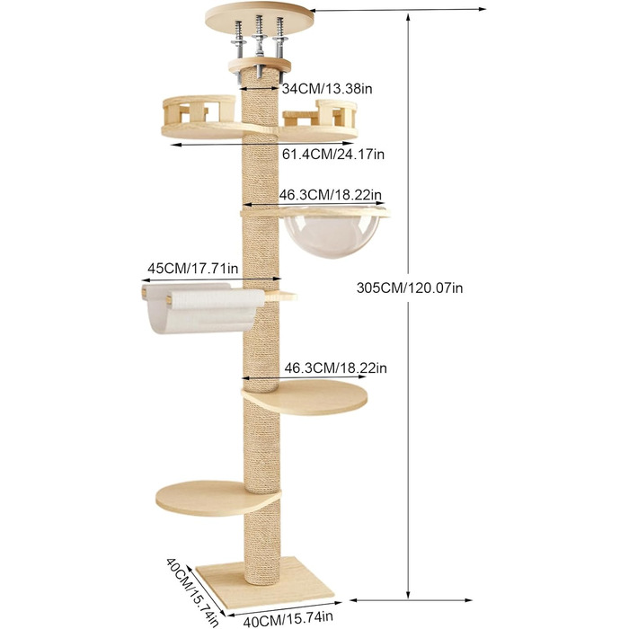 Високий кігтетопор для котів Kratzbaum 3 метри: багатоярусний, з оглядовим майданчиком та гніздом, регульована висота